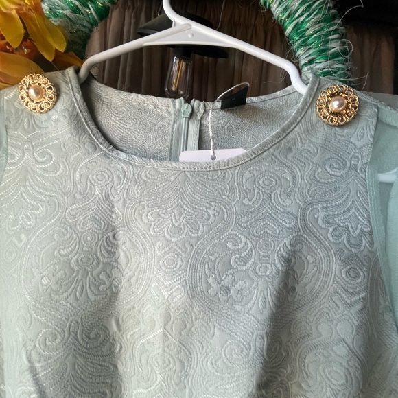 Green Shien Modely Puff Sleeves w Sheer Panel Gold Buttons Shoulder Modest Dress - Picture 3 of 7